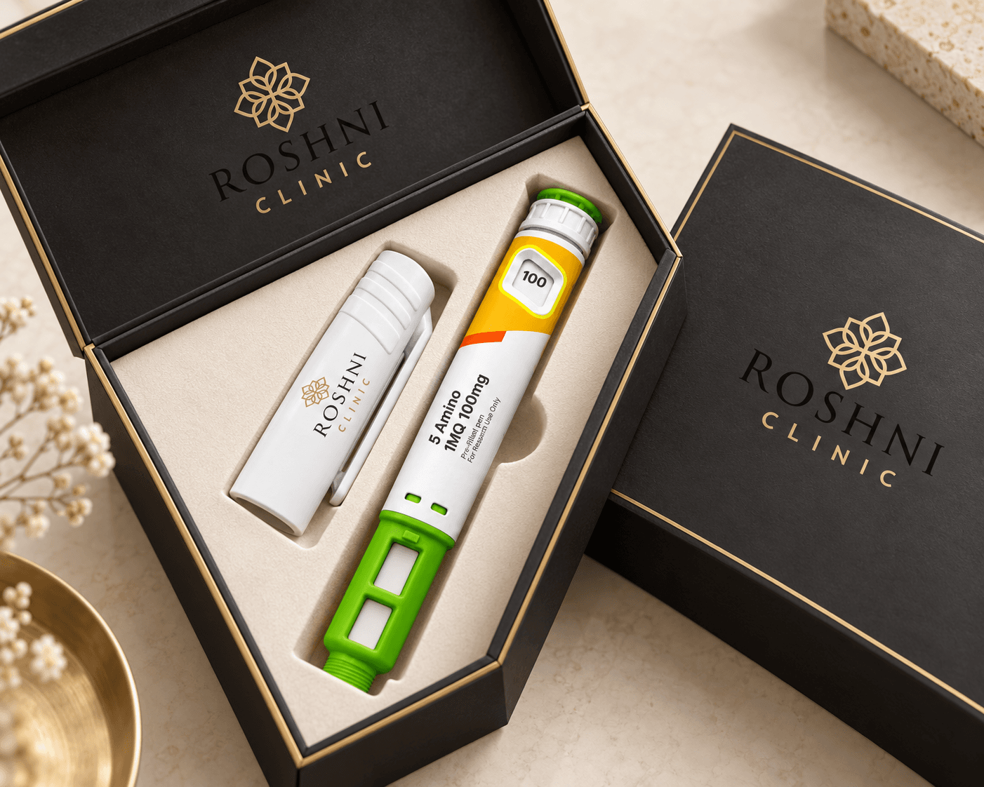 Roshni Clinic research products and branded packaging